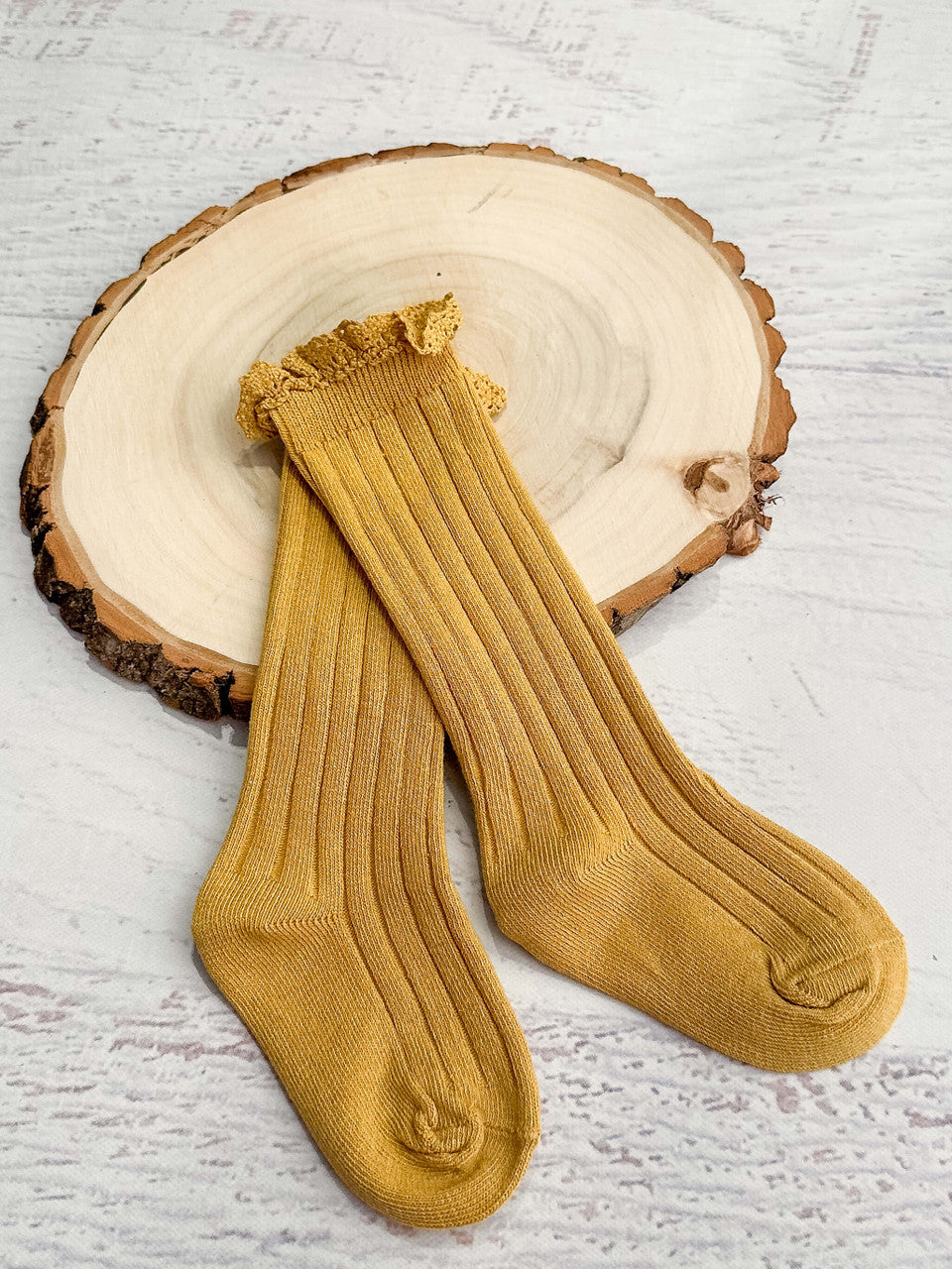 mustard ribbed lettuce edge ruffle socks