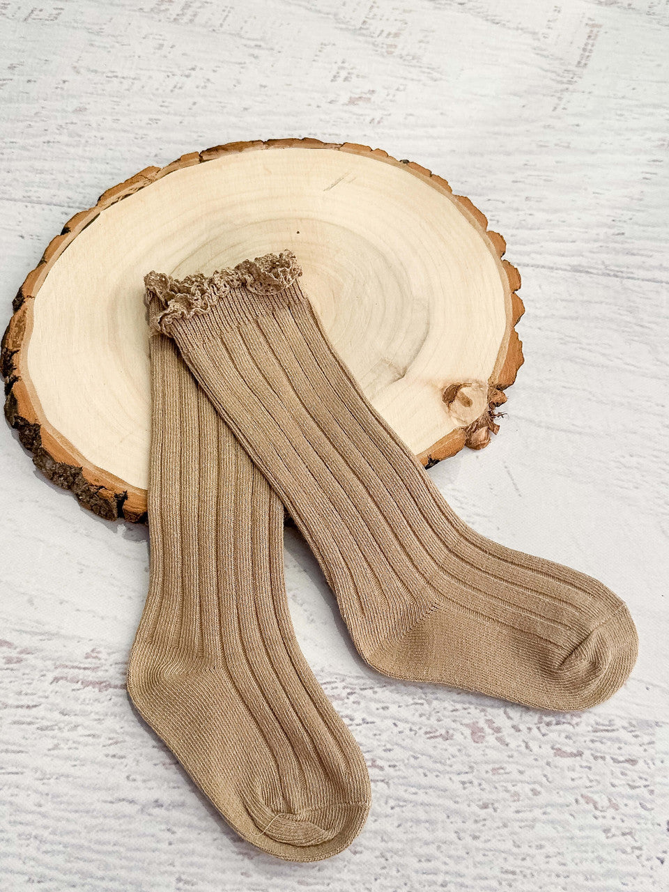 tan ribbed lettuce edge ruffled socks