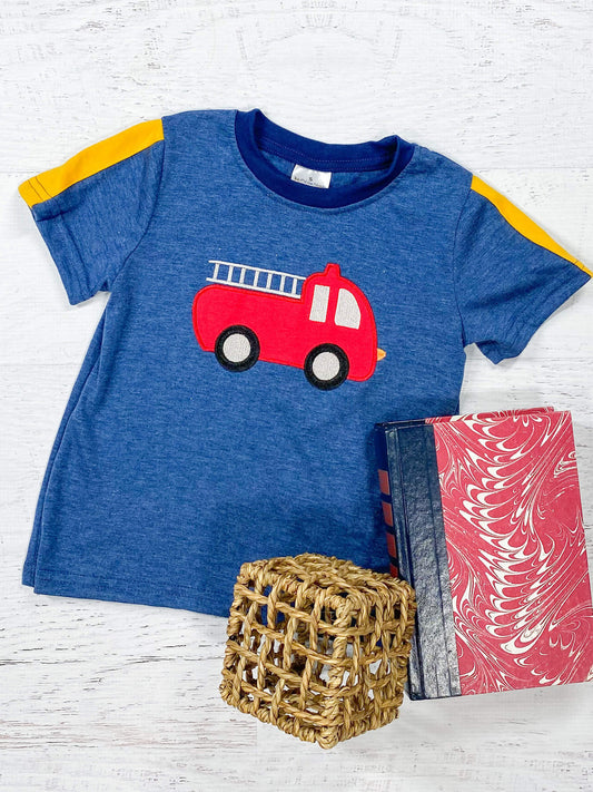 Heathered blue with a red fire truck with yellow stripe short sleeves shirt.