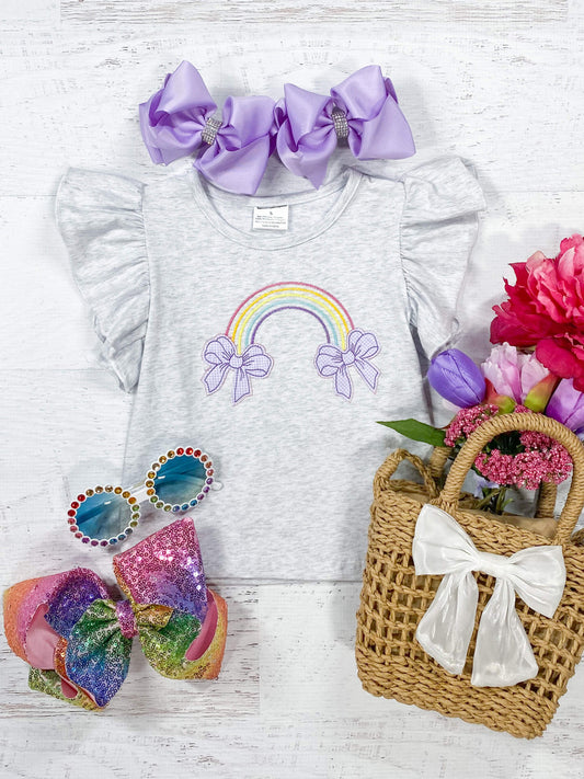 Ruffle sleeve top with embroidered rainbow design
