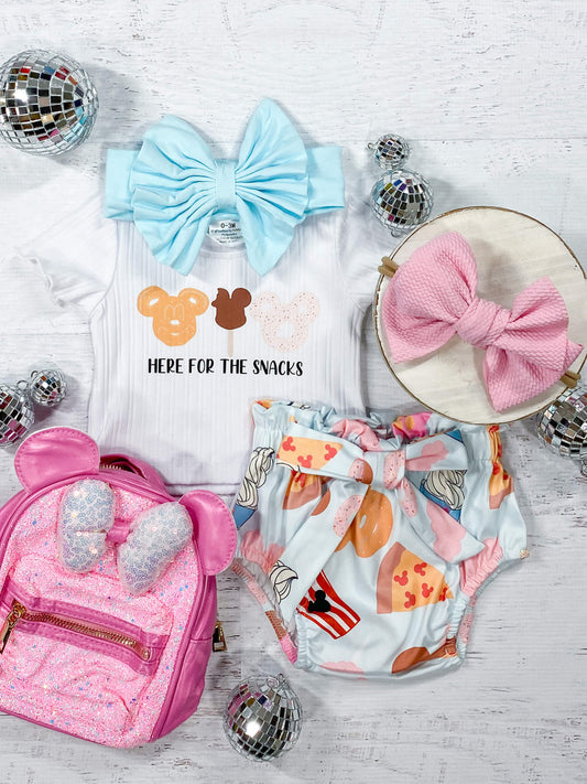 Here For The Snacks Black lettering mickey mouse snack pattern white top with mickey mouse snack pizza, ice cream, and pretzel pattern high-waisted and bloomer with a bow set.