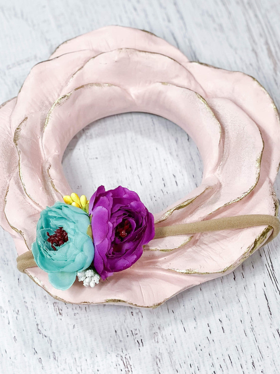 Aqua and lavender floral embellished large nylon hair tie or ponytail holder