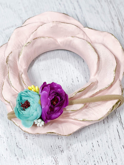 Aqua and lavender floral embellished large nylon hair tie or ponytail holder