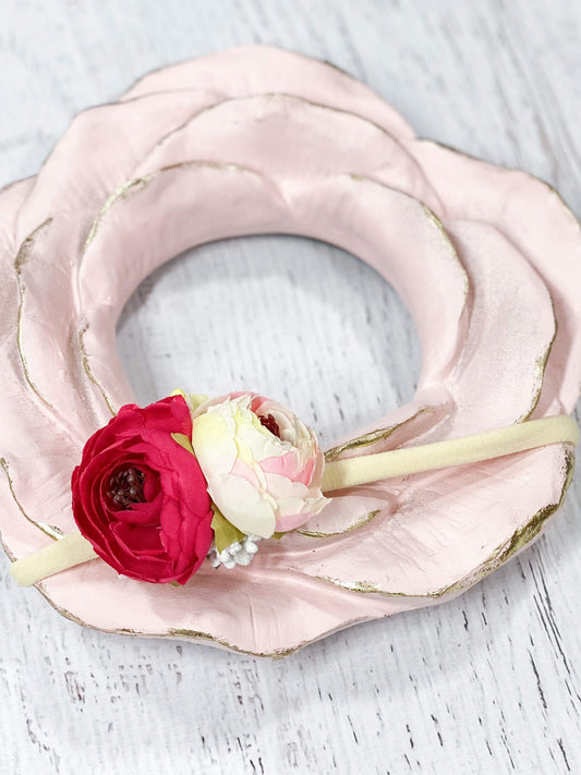 Hot pink & blush mini cabbage rose nylon headband or ponytail holder 