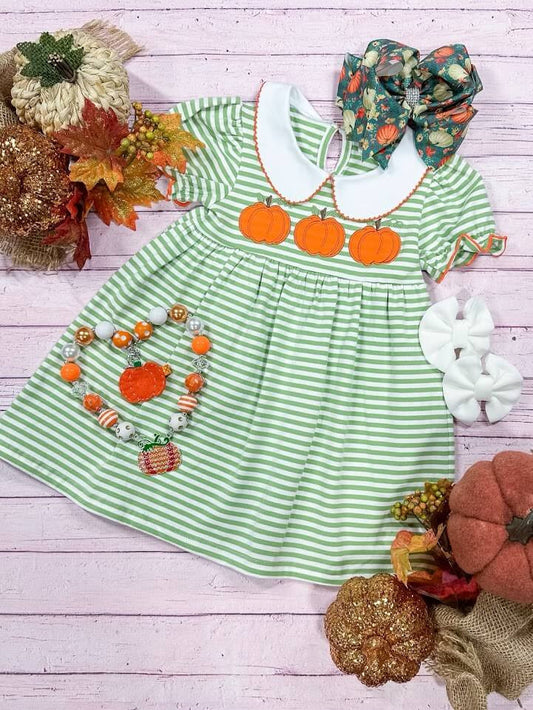 green and white striped dress with three cute pumpkins and peter pan collar