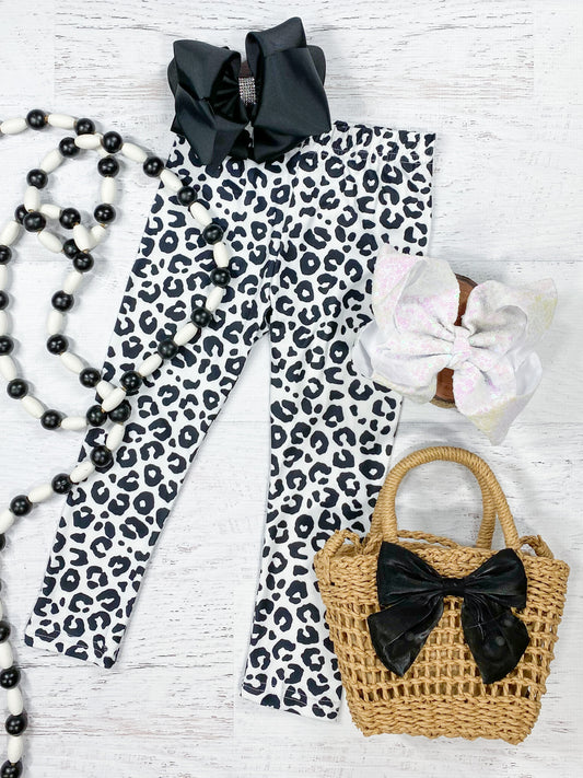 Girls White Leggings With Black Animal Print