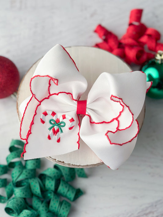 Candy Cane Embroidered Hair Bow