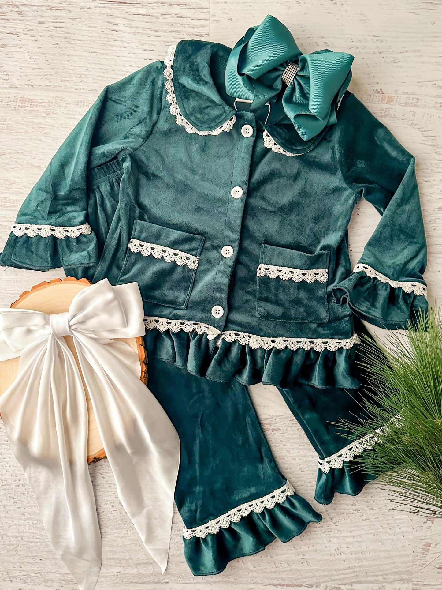 Green Velvet Girl's PJ Set