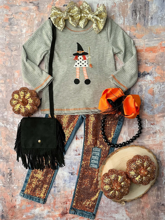 Halloween witch pants set with witch appliquéd shirt and orange sequin distressed jeans