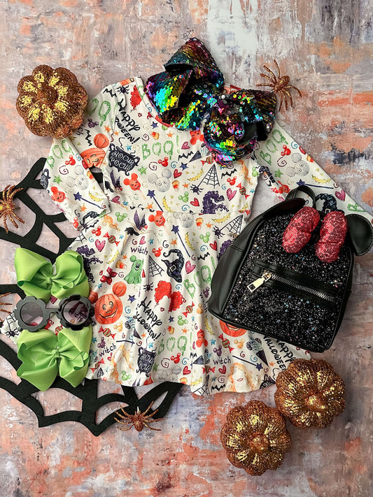 Fun, Festive, and Spooktacular Mikey and Hous Pocus Twirl Dress. This would be a great dress for your child to wear to Disney for Halloween.