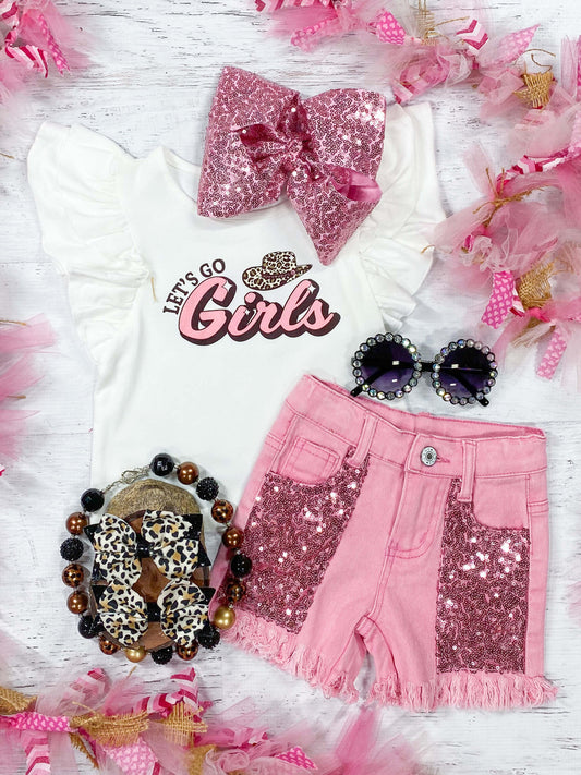 Lets go girls white flutter sleeve top with coordinating pink denim shorts with sequin patches