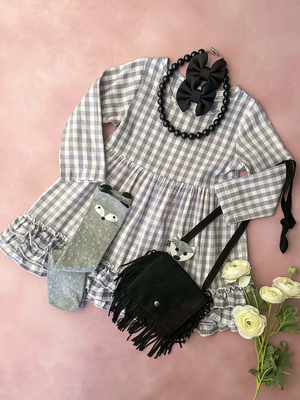 Gray gingham print long sleeve ruffled hem dress