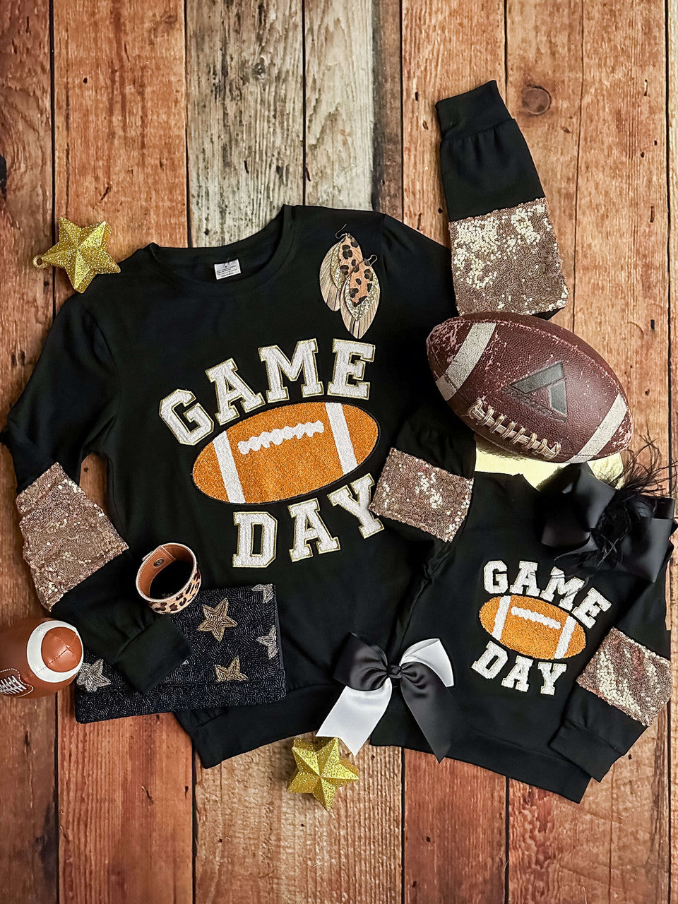 mommy & me black football game day sequin shirts 