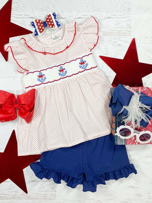 Red White & Blue Embroidered Anchor Top, With Navy Blue Ruffle Shorts.