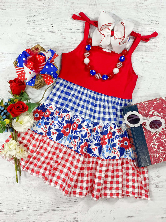 Red, White & Blue Patriotic Floral Tiered Girls Dress