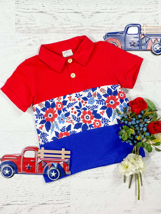 Red, White & Blue Patriotic Floral Boys Top