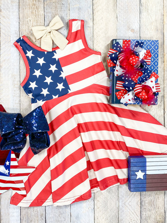 Red, Ivory & Blue American Flag Girls Dress