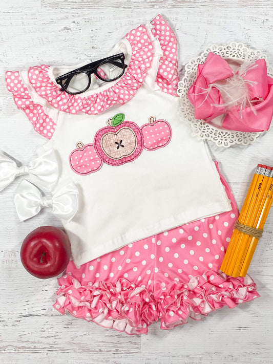 Pink & White Apples with Polka Dot Shorts Set