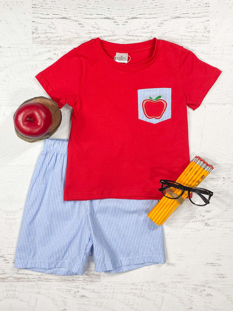 Apple Pocket Red Tee & Blue Shorts Set