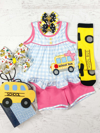 School Bus Gingham Pink & Blue Shorts Set