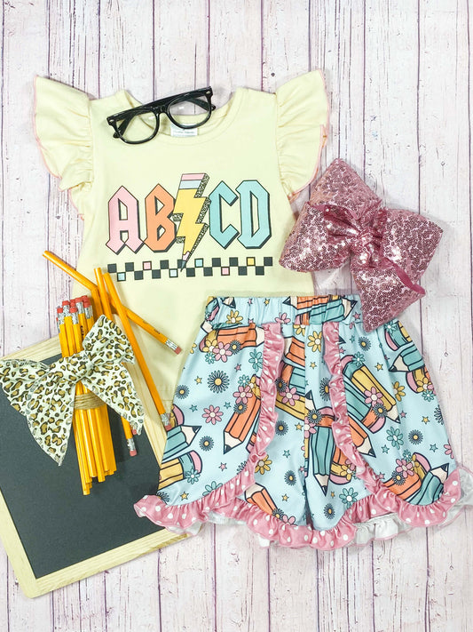 Yellow ABCD Tee With Blue & Pink Ruffled Shorts Set 