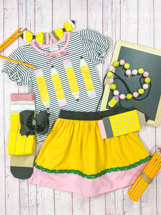 Pencil Life Black & White Stripes Top & Yellow Pencil Print Tiered Skirt Set