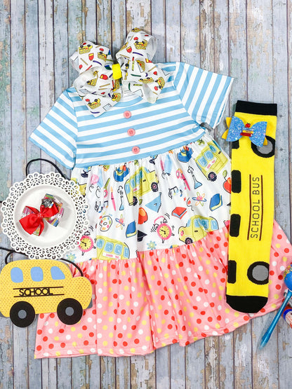 Multi-Colored Back To School Stripes & Polka Dots Tiered Dress