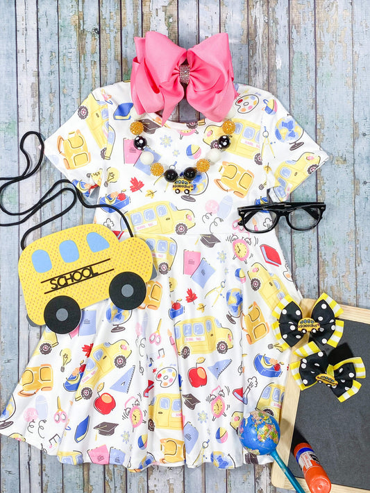  White & Multi-Colored Buses & School Supplies Twirl Dress