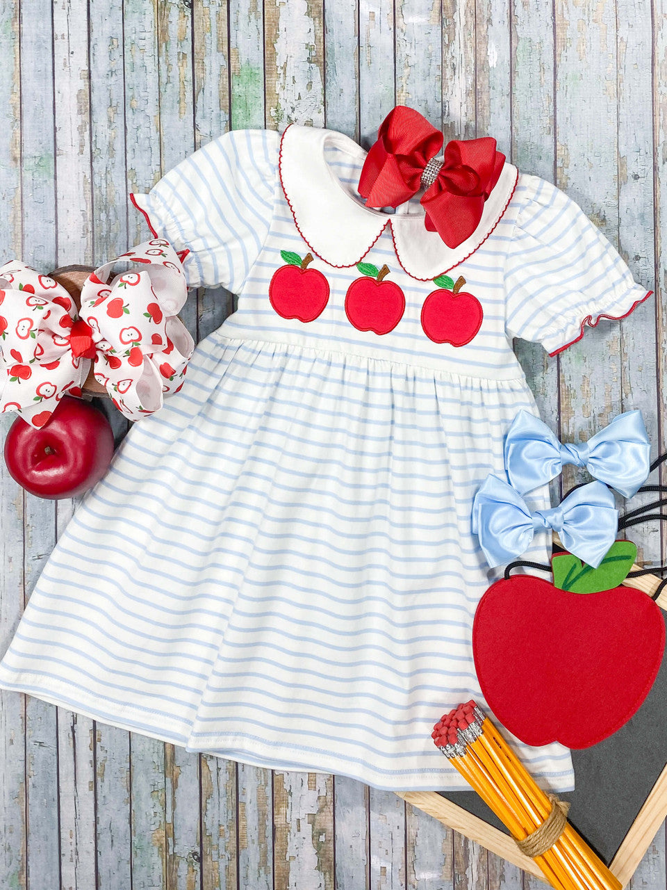 Blue & White Apples & Stripes Collared Dress