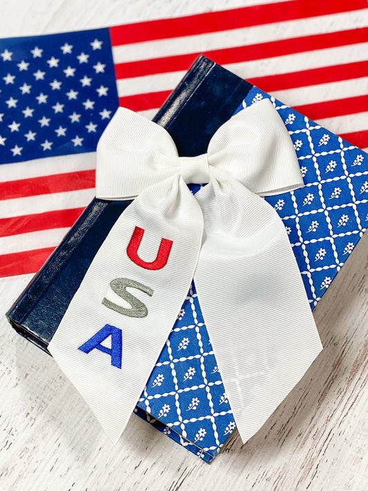 Red, White & Blue USA Embroidered Cheer Bow (Front)