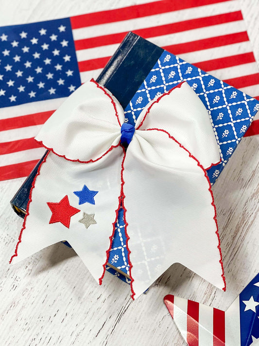 Red White & Blue Stars Embroidered Cheer Bow (Front)