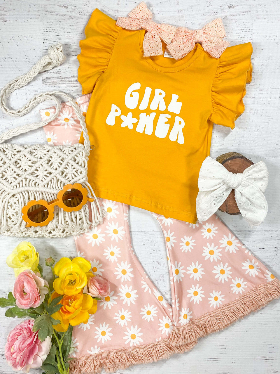 Mustard, White & Light Pink Girl Power Flare Pants Set