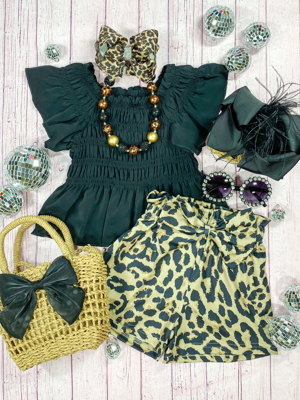 Black & Gold Animal Print Shorts & Black Top Set