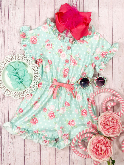 Aqua with Pink Roses Romper