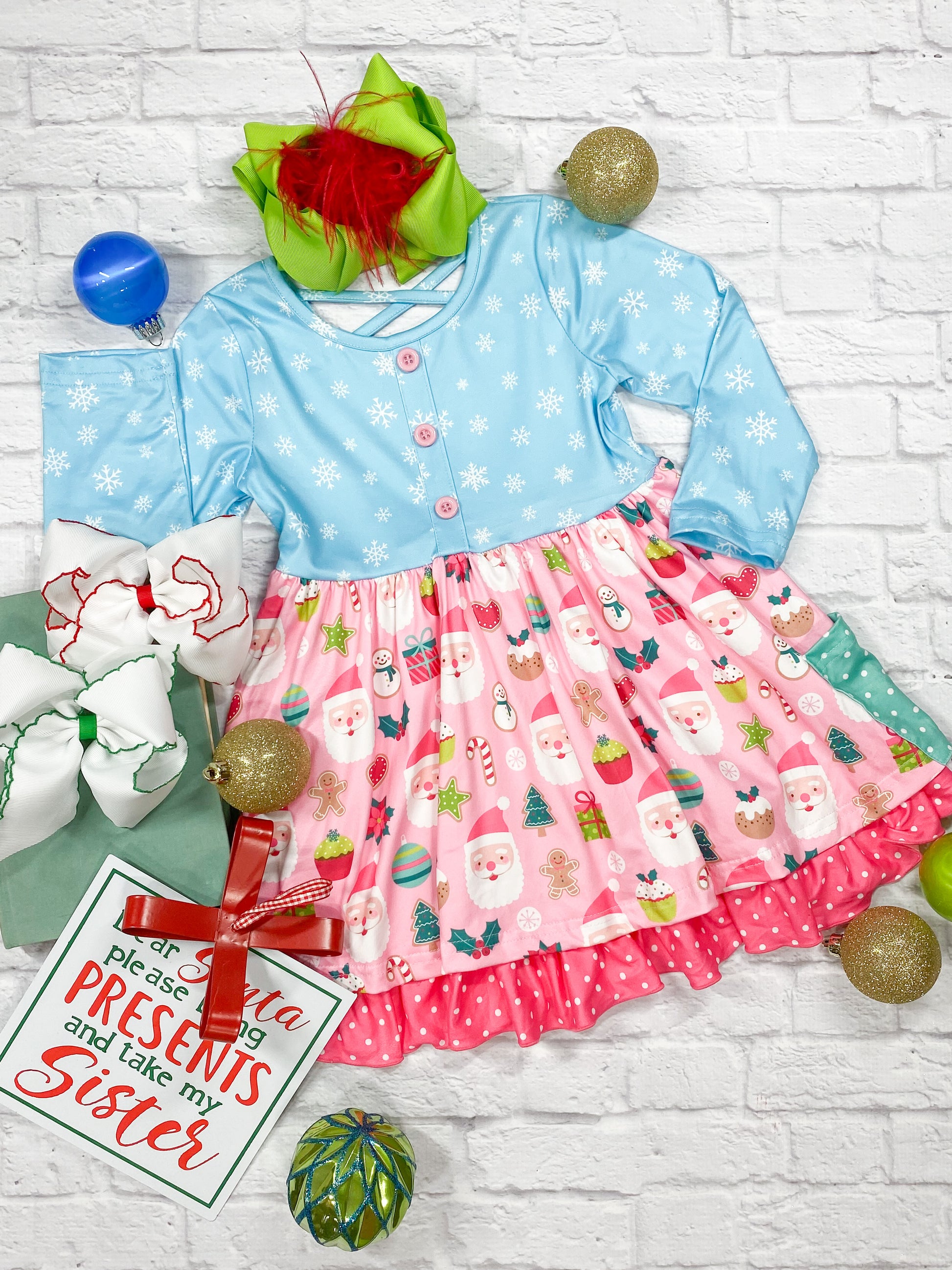 Blue Snowflakes & Pink Santa Tiered Dress