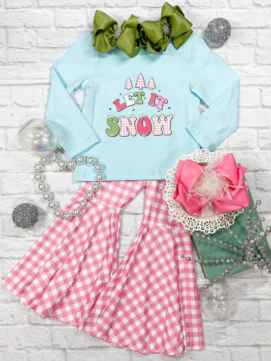 Let It Snow Blue Top and Pink Gingham Bell Bottom Set