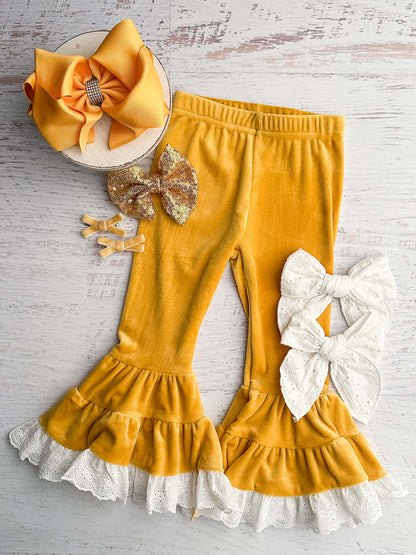 Mustard Lace Trim Velvet Leggings