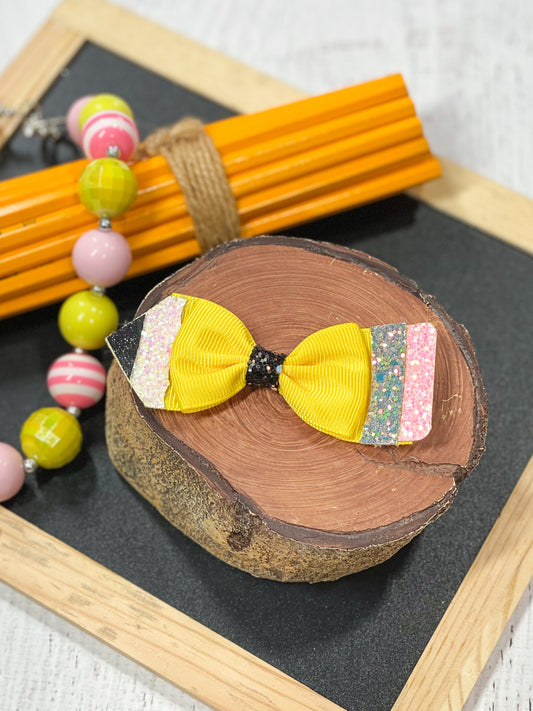 Yellow, Black & Pink Glitter Pencil Hair Bow Clip