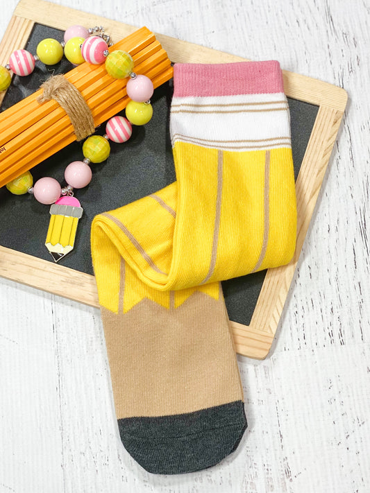 Yellow, White & Pink Pencil Print Tube Socks