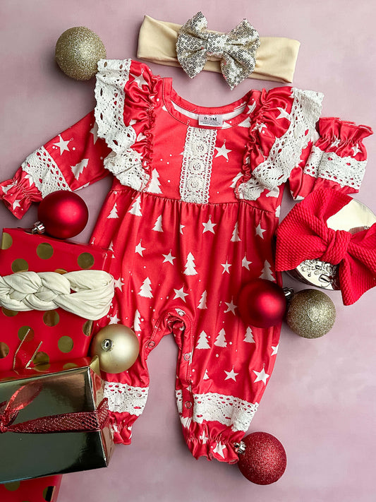 Red long sleeve jumper with Christmas trees and stars and ivory lace trim