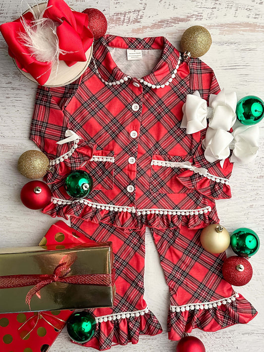 Girls pants pajama set in classic red plaid