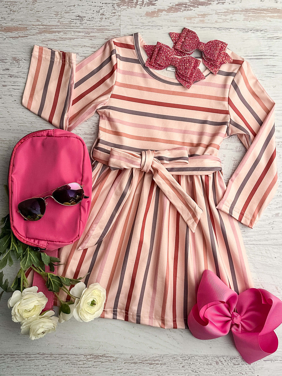 Mommy & Me long sleeve pink striped dress with a tie waist - Girls