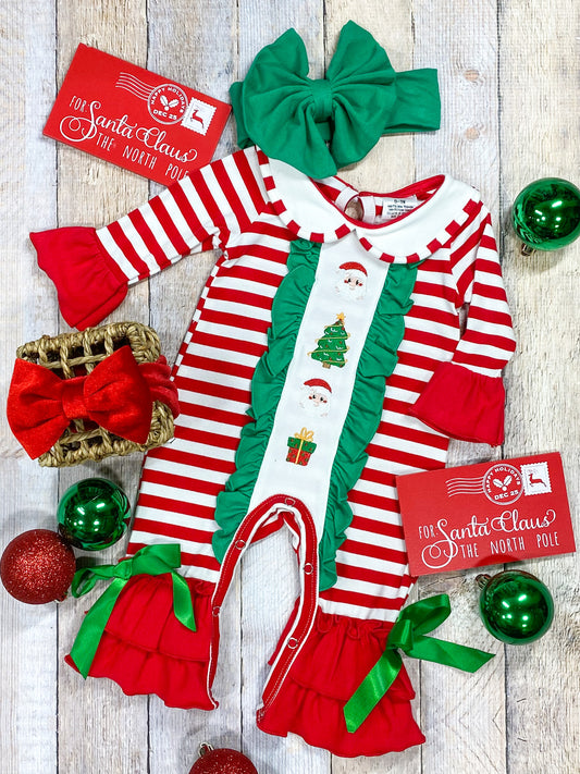 Red Striped Santa with Green Bows Infant Girl Romper