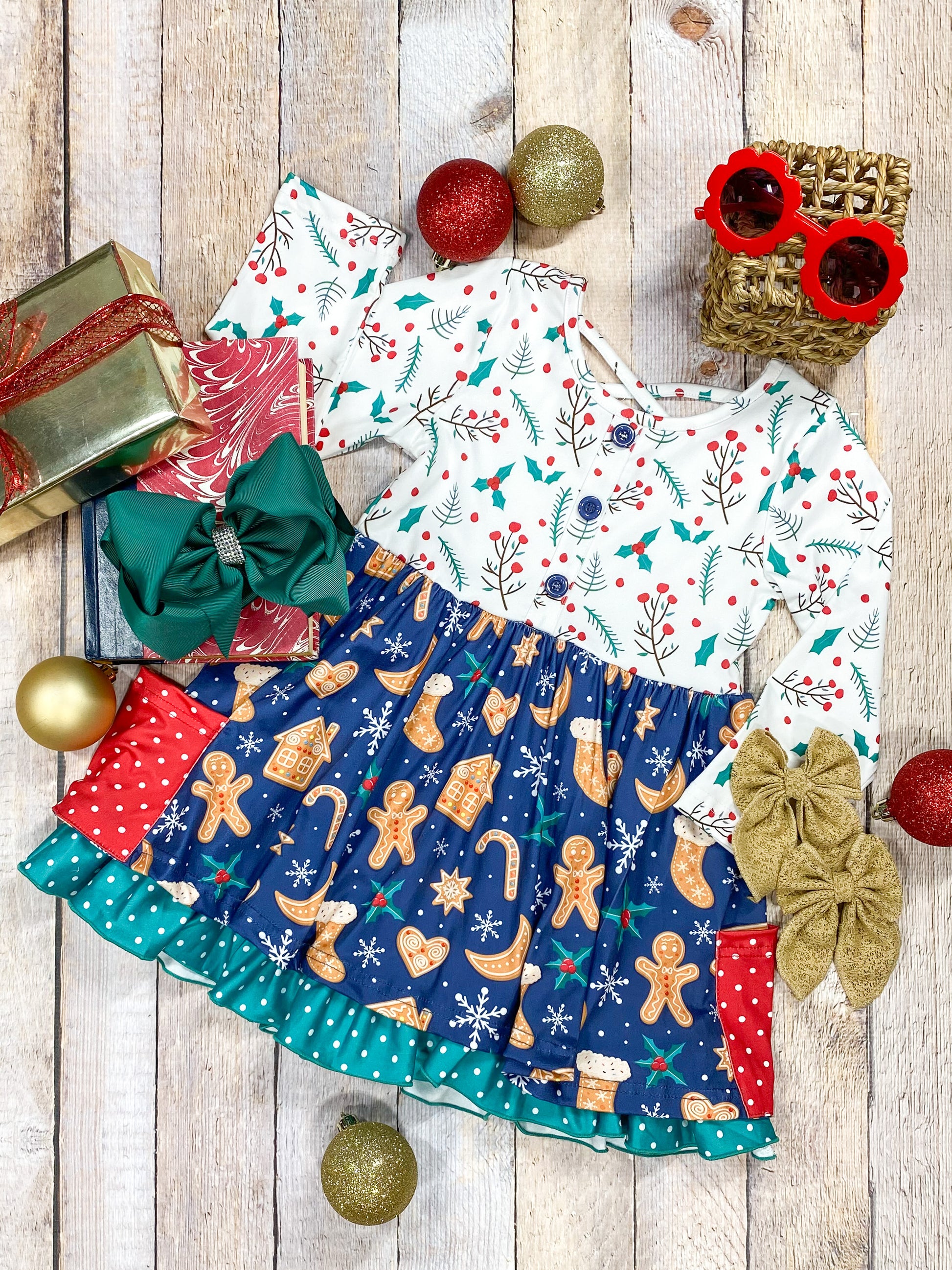 Holly & Gingerbread Men Tiered Dress