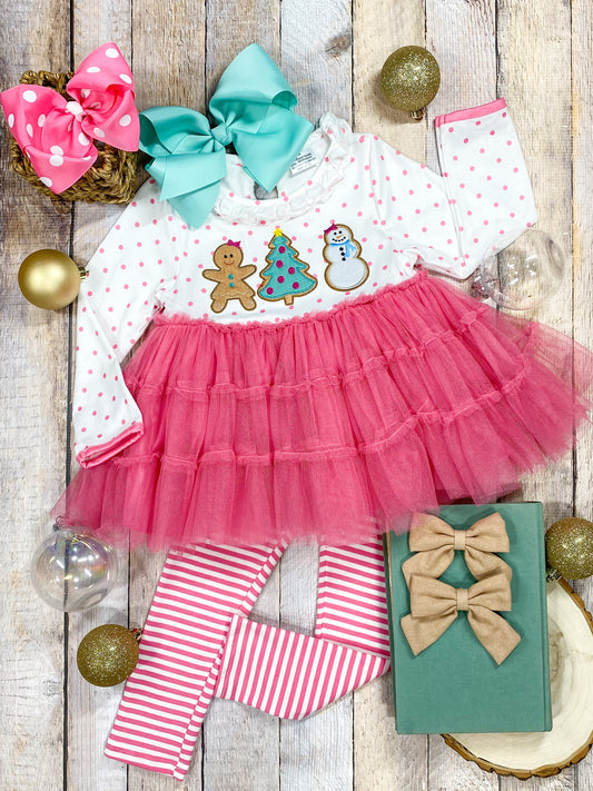 Christmas Tulle Top and Pink Striped Leggings Set