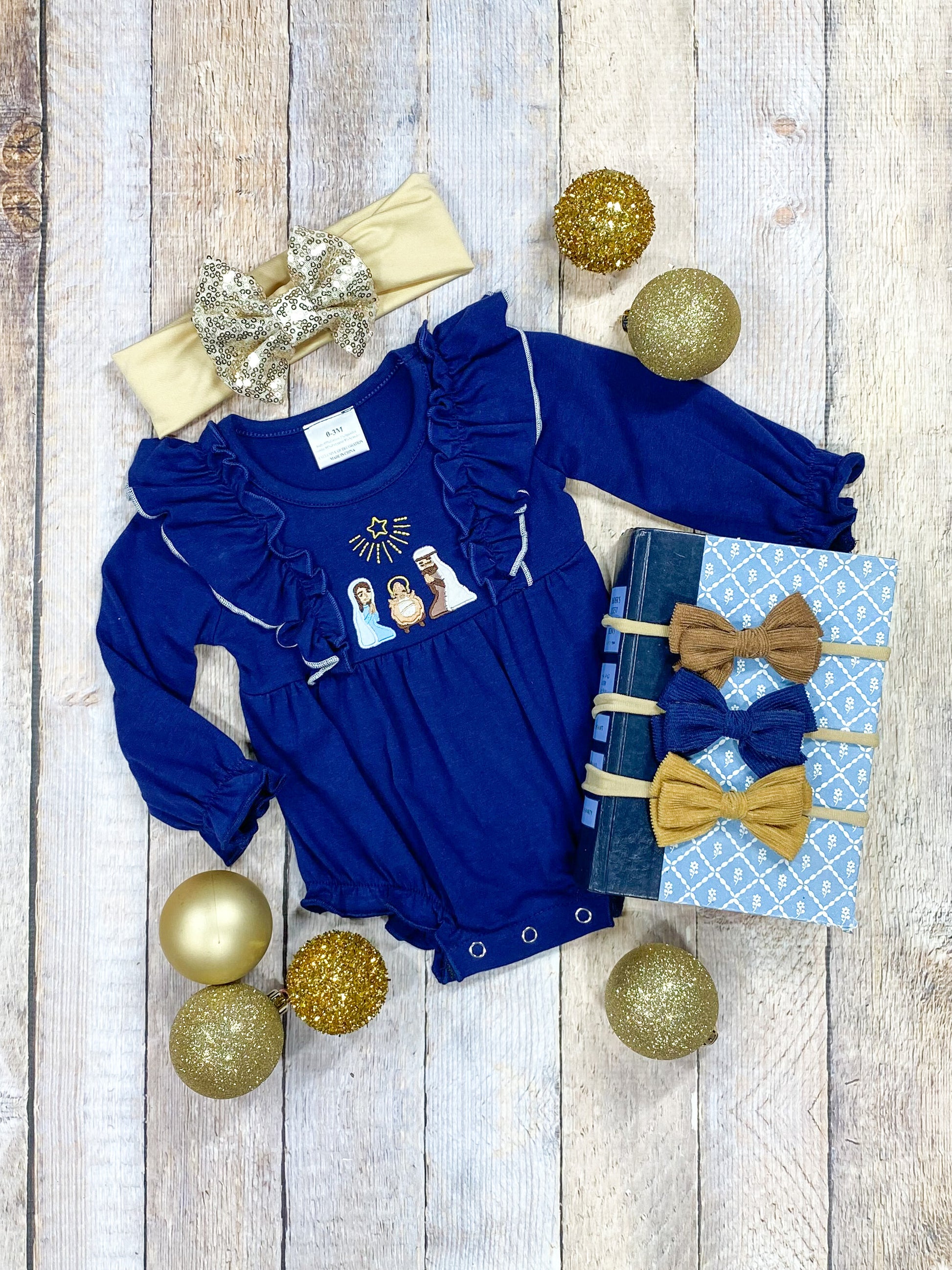 Navy Blue Nativity Scene Ruffled Infant Romper- Girls