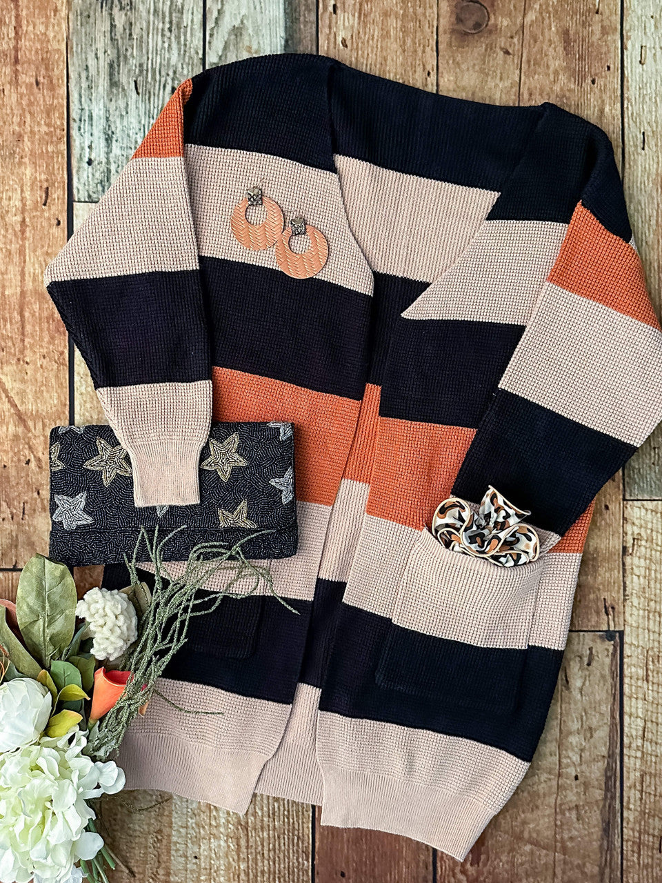 Mommy & Me neutral colorblock long sleeve cardigans in black, rust and tan - Moms