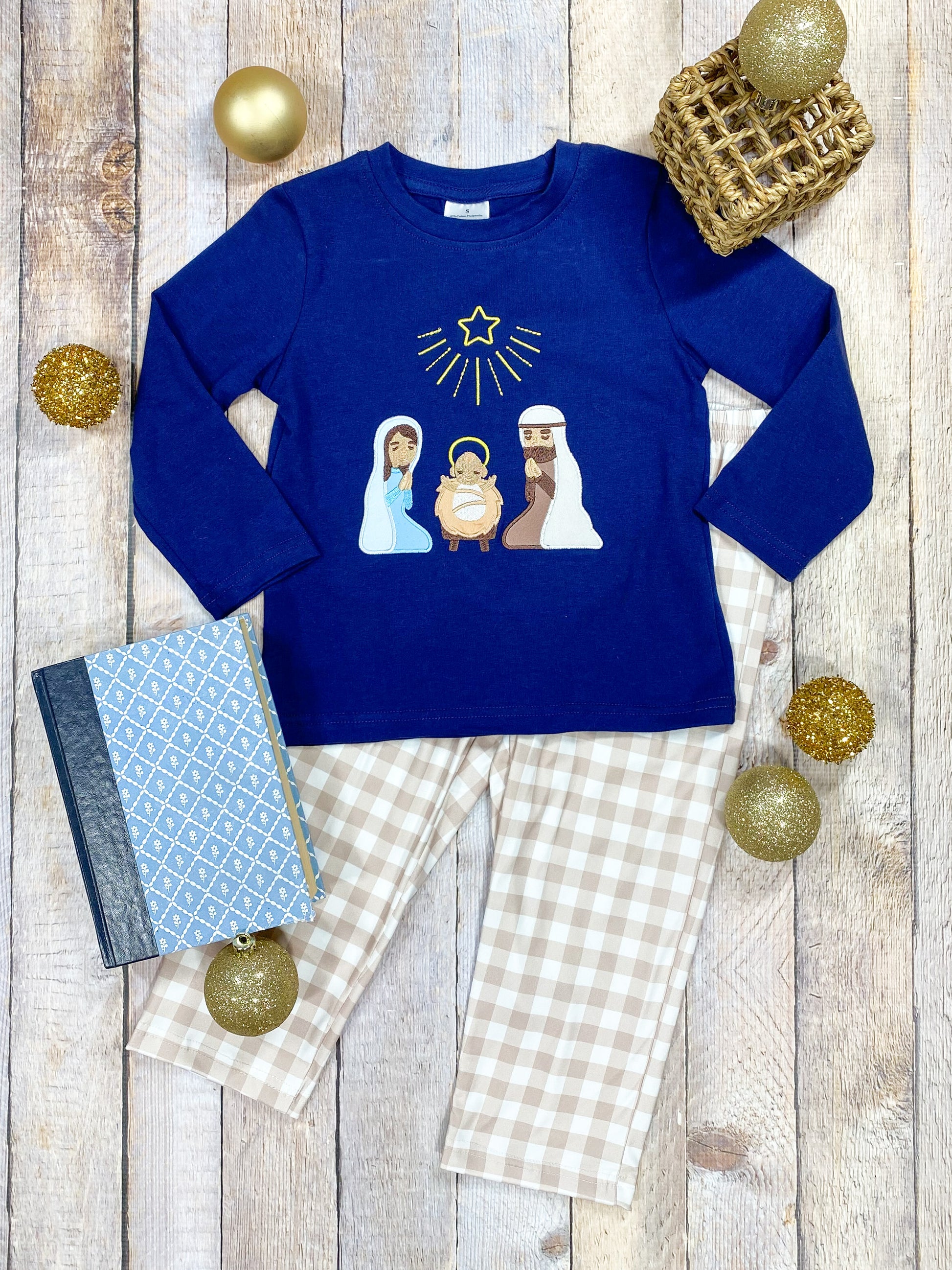 Nativity Scene & Yellow Gingham Pants Set - Boys