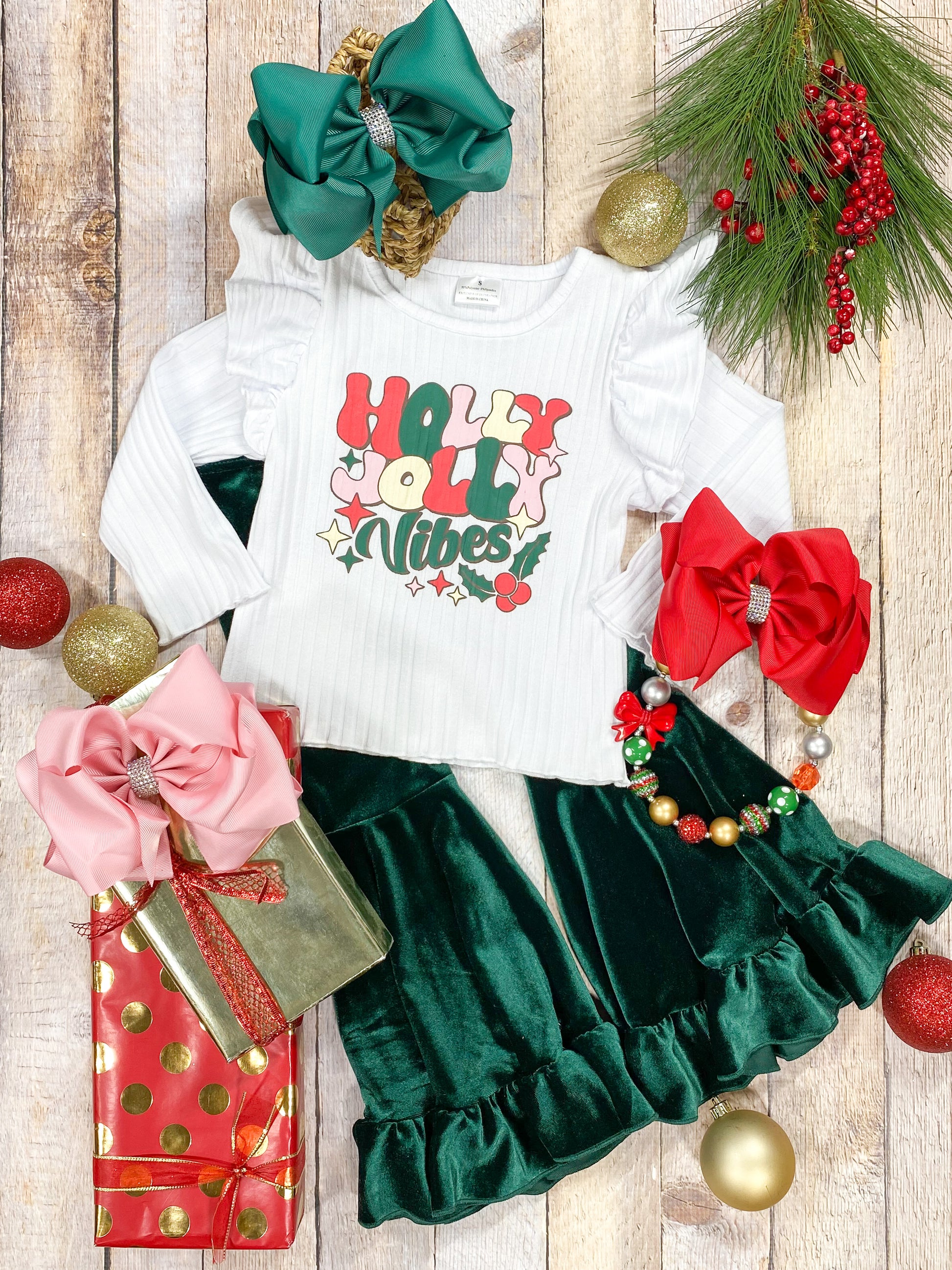 Holly Jolly & Green Velvet Flare Bell Bottoms Set