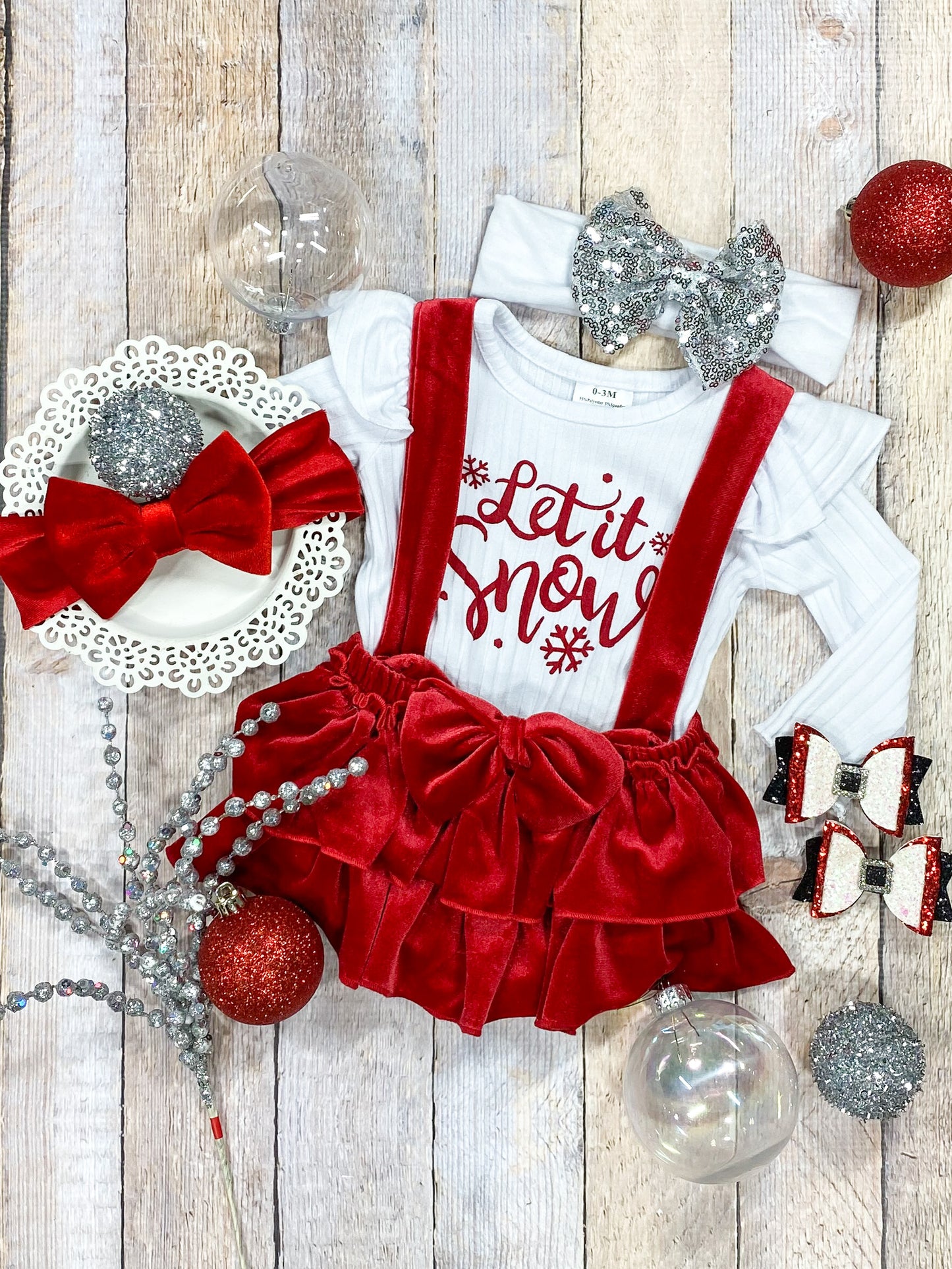 Let It Snow Red Velvet Infant Romper Shorts Set